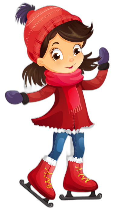 A cute girl in red winter ice skating in the style of clip art style with a black background.