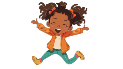 A cute little African American girl with pigtails, wearing an orange jacket and green pants is jumping for joy on a black background in the style of Pixar Animation character design.