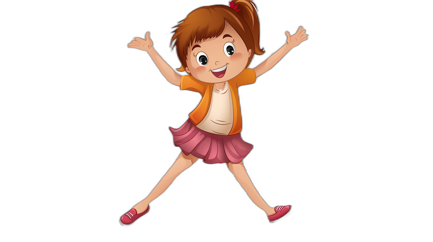 A cute girl cartoon character is jumping with a black background, showing her full body. The artwork is in the style of a Japanese anime artist.