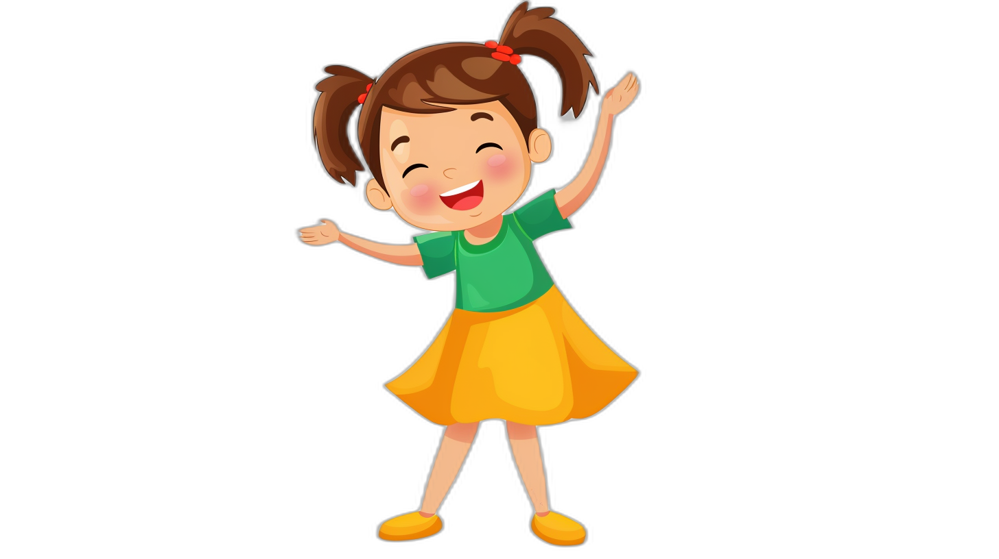 A cute little girl dancing with a happy expression. The illustration style is flat with a simple and clean black background. The cartoon character design features a yellow skirt, green t-shirt, and brown hair in two pigtails tied in ponytails. It is a full body portrait with high-definition details in the style of a flat illustration.