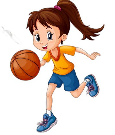 A cartoon girl playing basketball in a vector illustration style with a simple drawing design on a black background, with a cute and lively expression with a happy smile on her face, wearing blue shoes and yellow shirt, holding the ball in one hand while running forward, radiating energy and passion for sports in the style of vector illustration.