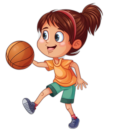 A cute cartoon girl playing basketball in the style of clip art, in the style of isolated on a black background, high resolution vector