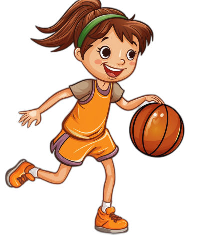 A cute cartoon girl playing basketball, vector illustration with black background. She is wearing an orange uniform and has brown hair in pigtails. The character should be depicted as smiling while dribbling the ball on her knees. Her posture suggests she's running or moving to make a play. A green headband adds detail to her appearance.