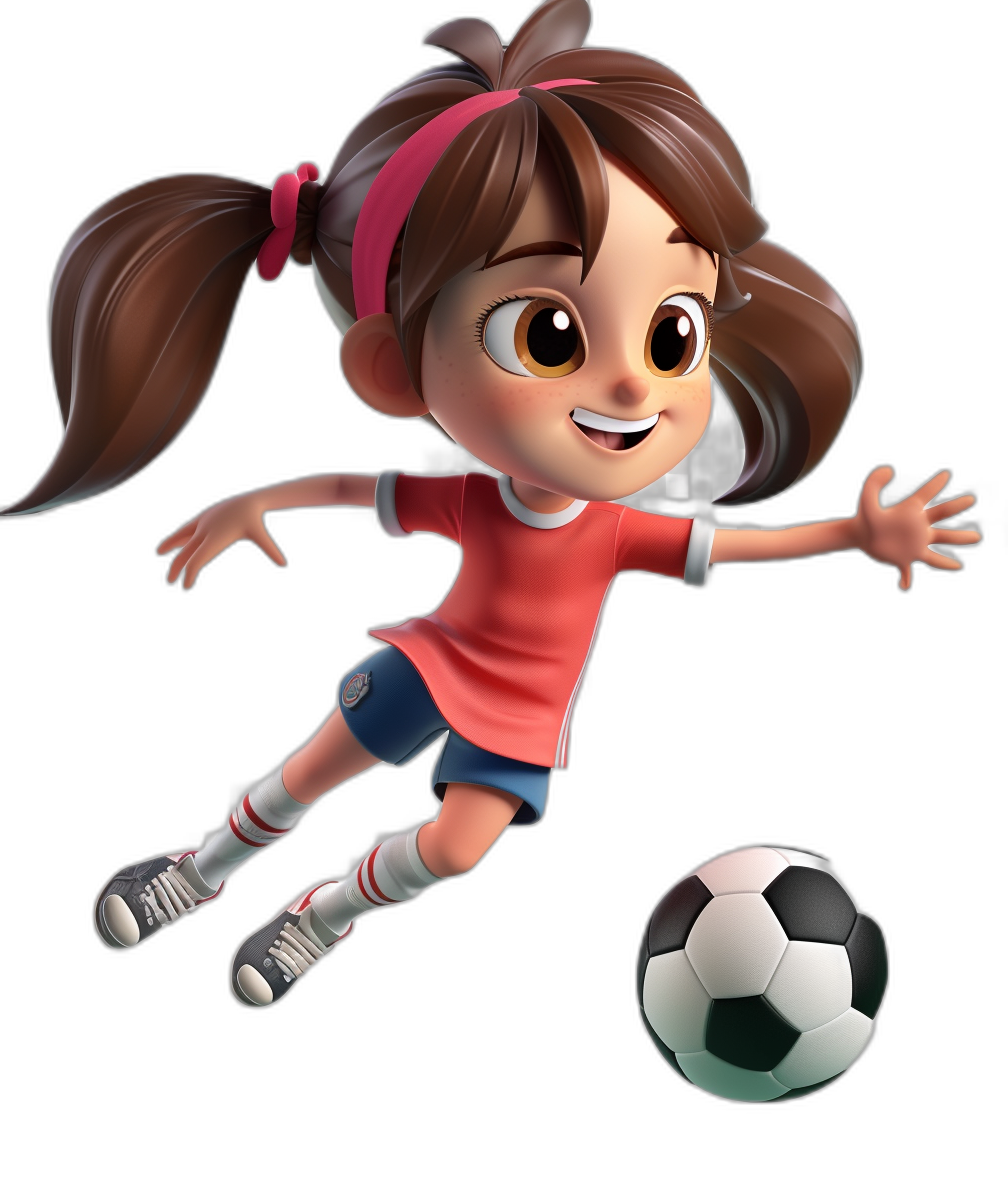 A cute girl soccer player in the cartoon style, 3D render, full body, black background, pink and red shirt with blue shorts, brown hair in pigtails with one ponytail long and the other short, she has big eyes and is kicking up her foot as if about to kick an air ball next to it, Pixar art style.