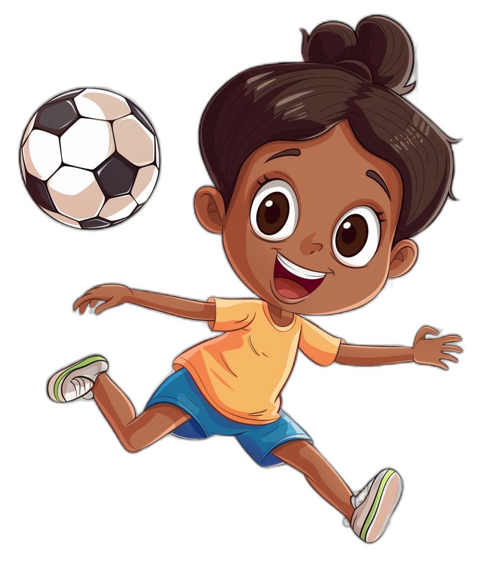 cartoon of an adorable little girl with dark brown skin, wearing blue shorts and a yellow shirt playing soccer on a black background, in the style of a clip art style cartoon illustration for kids, high resolution