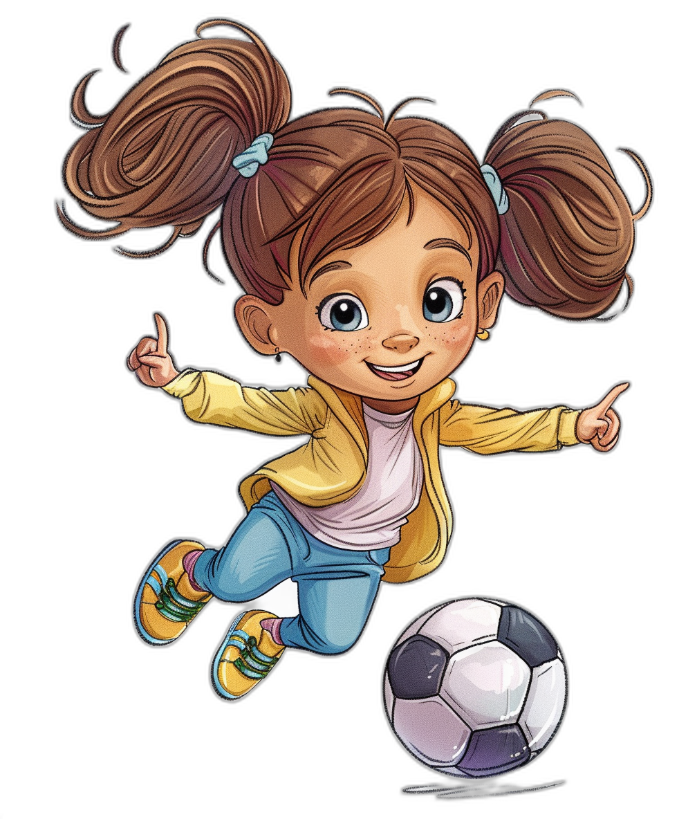 cartoon style, little girl playing soccer with brown hair in pigtails and bangs kicking the ball, yellow jacket, blue pants, black background, colorful