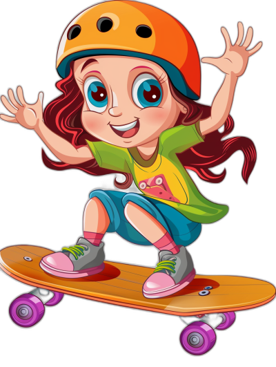 A cute cartoon girl is skateboarding in a vector illustration with a black background. She is colorful with a helmet and pink shoes on her feet. She has big eyes and a smiling face in the style of a cartoon character design. The illustration is high resolution with colorful colors, high detail, high quality, and high definition with high contrast. It has a colorful and lively atmosphere.