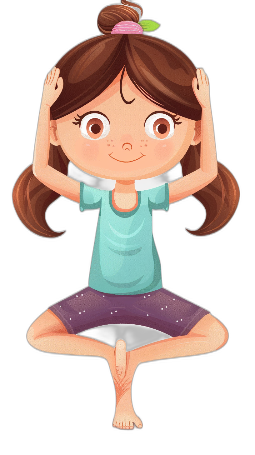 A cute little girl doing yoga, simple flat cartoon style, black background, vector illustration, colorful , full body portrait, sitting on the ground with her hands placed above shoulder height in front of head and palms facing up to create two poses for stretching arms. She has brown hair tied into pigtails. Her eyes have an expression that is focused and determined as she flexes each muscle. The colors used should be bright and cheerful, reflecting movement energy.