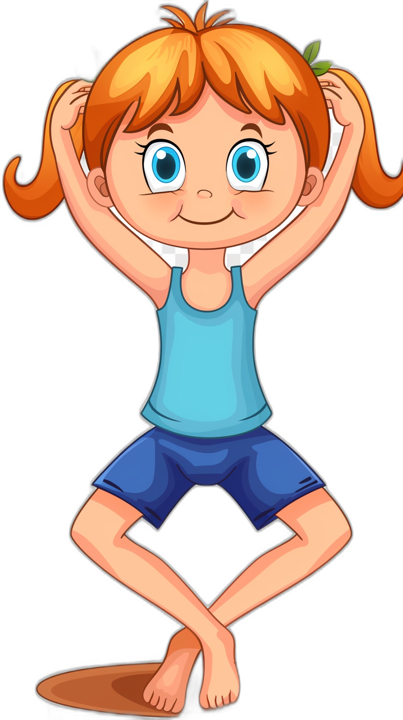 A cute cartoon girl doing yoga in the style of blue top and dark shorts with orange hair in pigtails, in a clip art style on a black background.