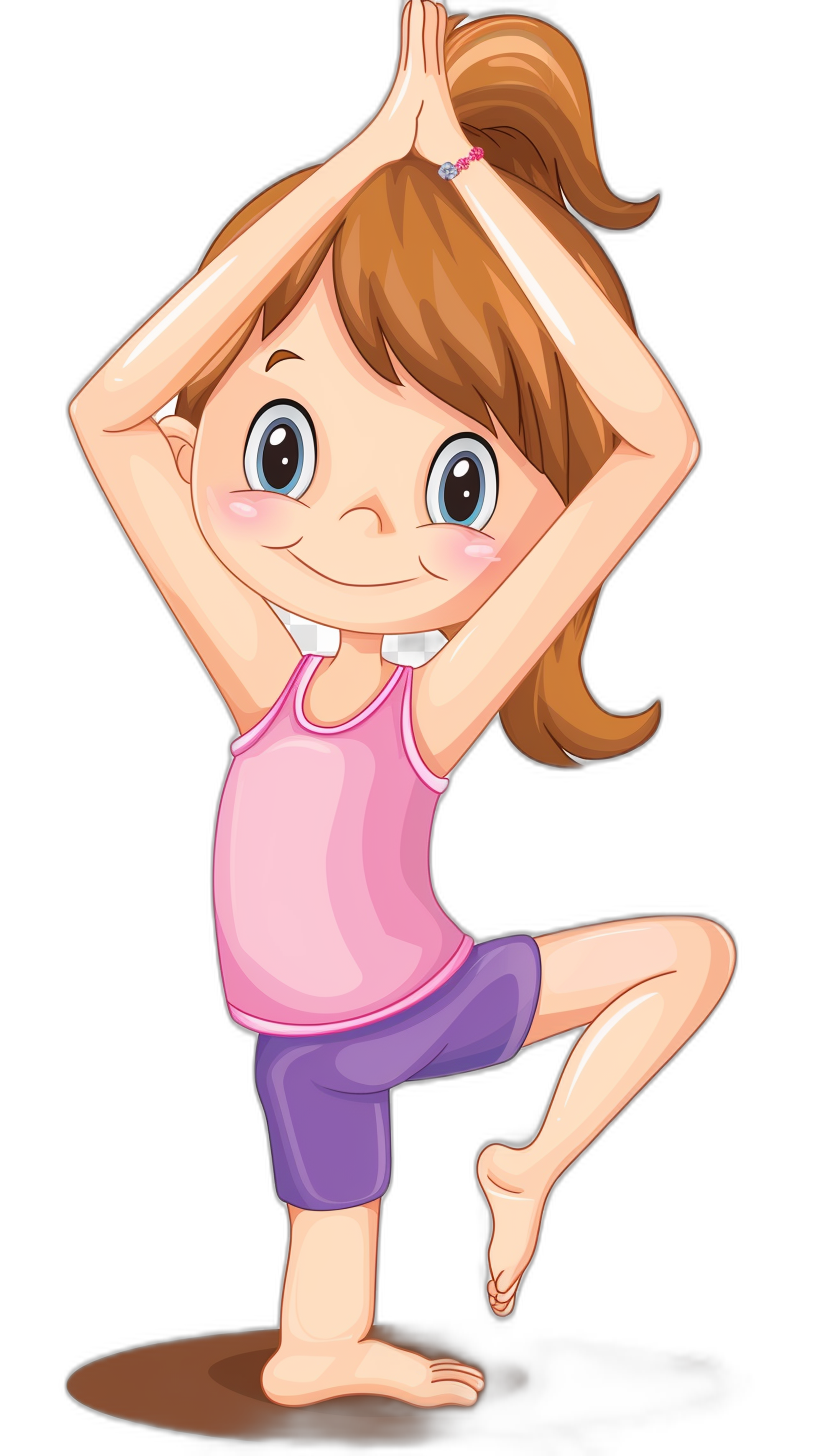 A cute cartoon girl doing yoga in a simple drawing style. The vector illustration has a black background. She is wearing a pink tank top and purple capri pants. Her hair has brown highlights at the ends. The pose she is in looks like tree stands or a warrior pose on one leg. It should be very detailed and clear to make it easy for an artist in the style of to use as clipart.