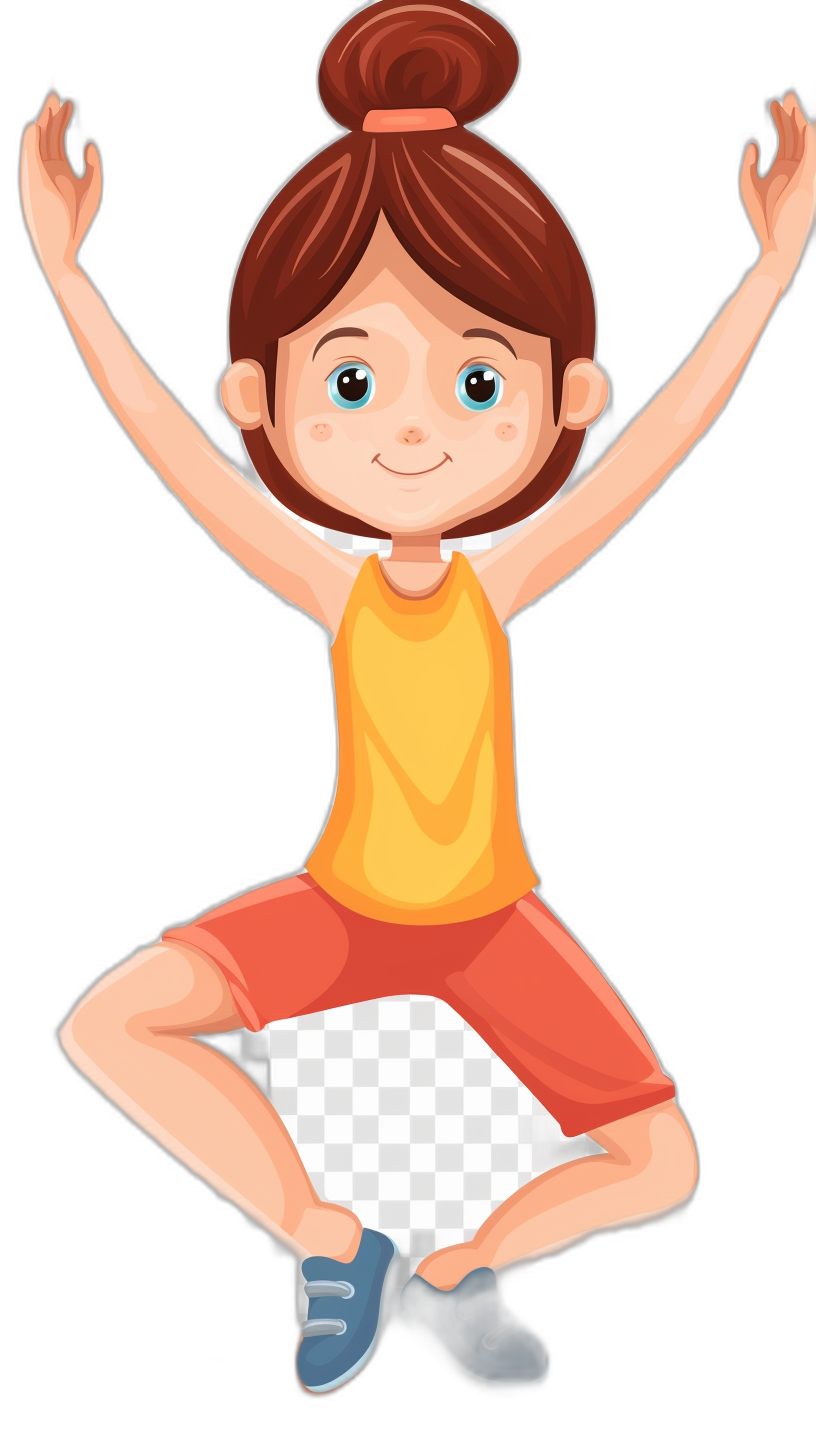 cartoon girl doing sit ups, happy face, on isolated black background, high resolution vector in the style of a cartoonish character design, colorful animation stills, light brown and dark orange, simple flat illustration, full body, simple chibi style, simple facial features, wearing a short sleeve top with a red skirt, no outline, transparent white square at the bottom center for eyes to be placed into, hands raised above head