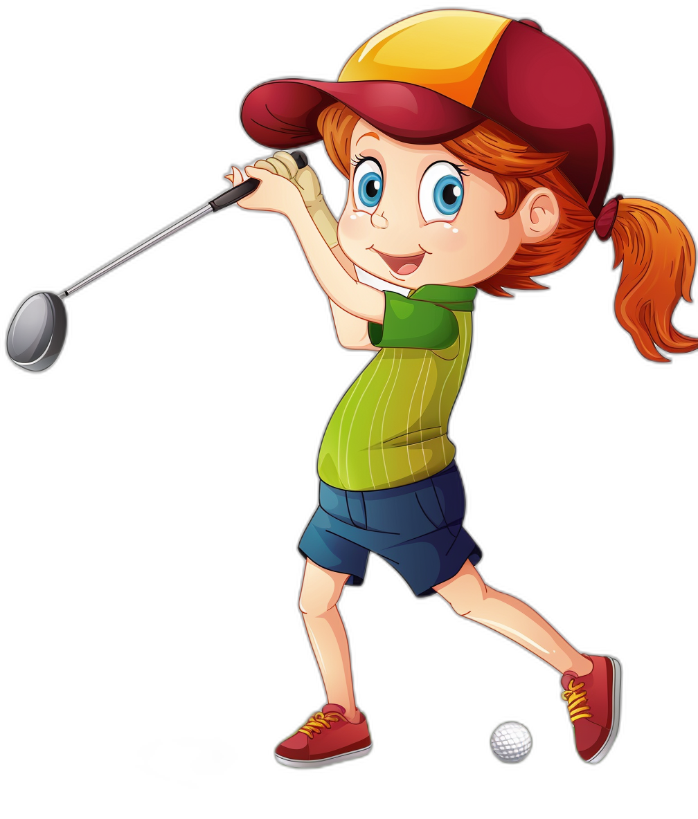 A cartoon girl playing golf in the style of clip art on a black background.