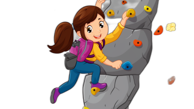 A cartoon girl climbing a rock wall in a vector illustration for a kids' book with a black background showing her full body.