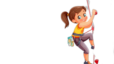 A cute cartoon girl climbing on the wall in the style of clip art. The style uses simple lines and flat colors with a black background. The cartoon character design shows a colorful  and sportswear and shoes hanging from her waistband. She is smiling with open eyes while hanging ropes around her neck. Her hands hold climbing tools in vibrant colors with high resolution, high detail, and high quality definition.