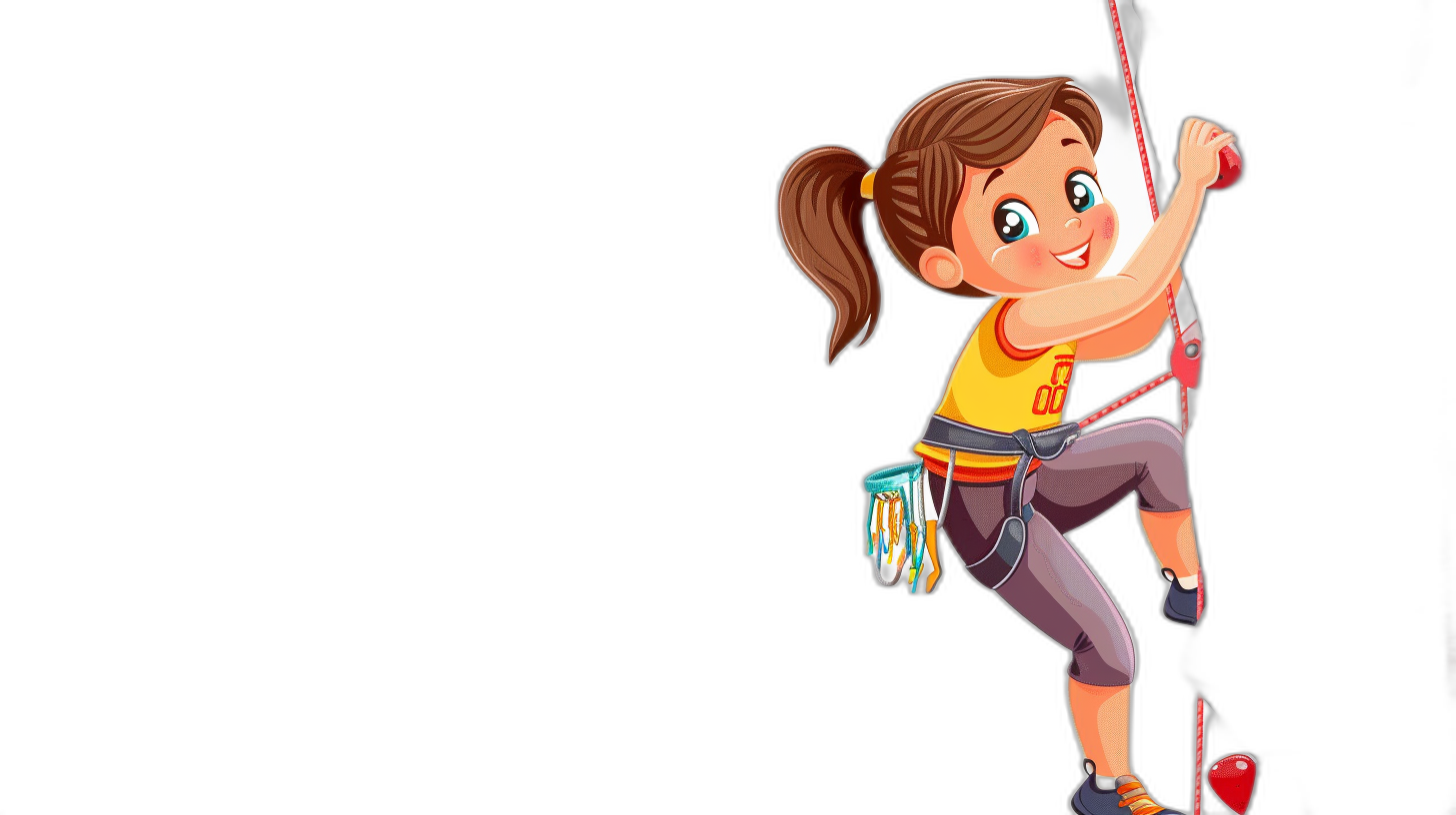 A cute cartoon girl climbing on the wall in the style of clip art. The style uses simple lines and flat colors with a black background. The cartoon character design shows a colorful  and sportswear and shoes hanging from her waistband. She is smiling with open eyes while hanging ropes around her neck. Her hands hold climbing tools in vibrant colors with high resolution, high detail, and high quality definition.