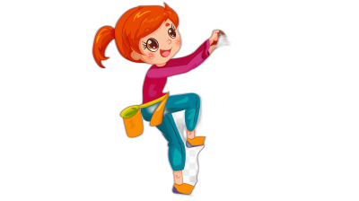 A little girl is doing sports, jumping with one leg on the ground and holding an air keh in her hand, in the style of a cartoon with simple lines, black background, full body shot, cute, high quality, bright colors, flat illustration, cartoon character design. The young woman has orange hair tied into pigtails and wears blue pants, pink long-sleeved top, white shoes, yellow belt, brown eyes, smiling face. She stands upright while performing yoga jumps or shooting basketballs in the style of a cartoon.