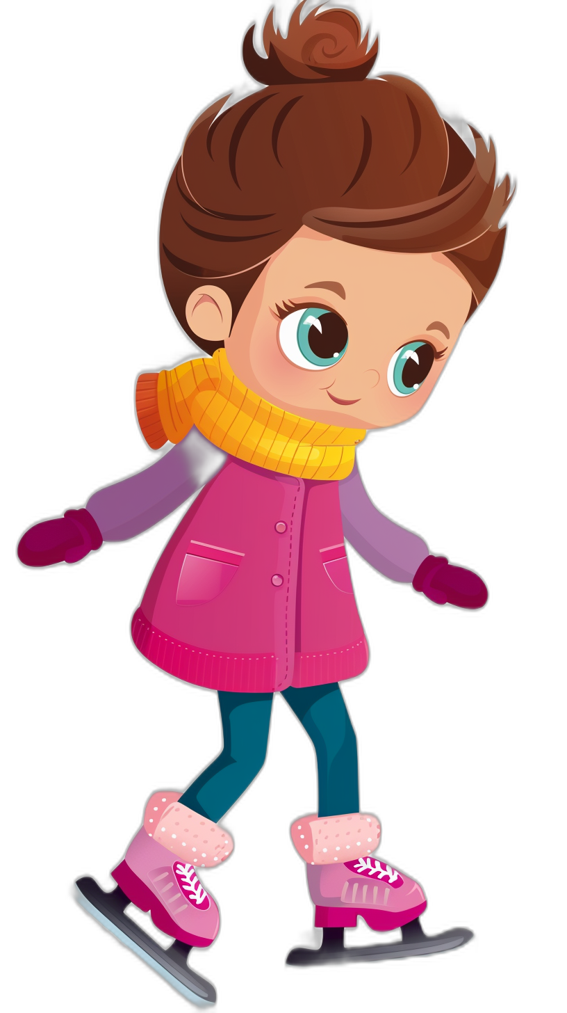 A cute little girl ice skating in a clip art style, simple, cartoonish flat illustration against a black background with a pastel color palette and no outline around the character’s body. The fullbody portrait shows her wearing winter gloves on her hands, a yellow scarf around her neck, brown hair in a messy bun, a pink coat with a purple collar and teal leggings underneath. She has big sparkling eyes and is smiling slightly. Her skates have fur at their edges. The overall mood is cheerful and active.