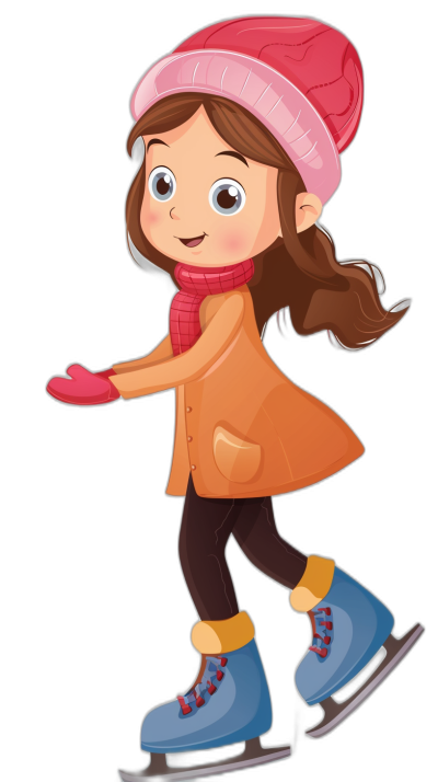 A cute girl ice skating in the style of clip art, in a simple drawing vector illustration style with a flat design on a black background, of a cartoon character as a full body wearing winter  and a hat, holding hands out to the side with skates on her feet. The girl has brown hair and big eyes, smiling at the camera. She is dressed in pink gloves, an orange coat, a red scarf, and blue boots in a cartoon style with vector graphics, flat colors, and simple lines on a black background.