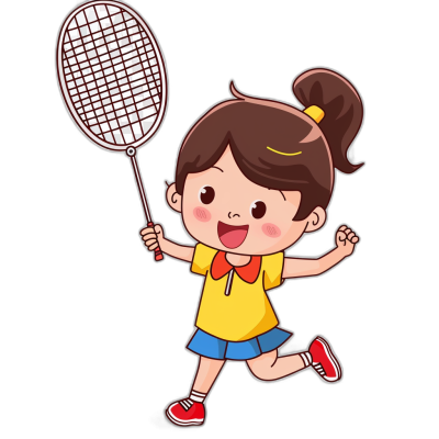 A cute little girl is playing badminton, vector illustration style, simple stroke, full body portrait, cartoon character design with black background and white outline, colorful , red shoes, yellow shirt, blue skirt, holding racket in hand pose happy expression. Chinese New Year atmosphere, sticker style, sticker material, high resolution, high detail, high quality, best details, high definition, high resolution. Full of vitality