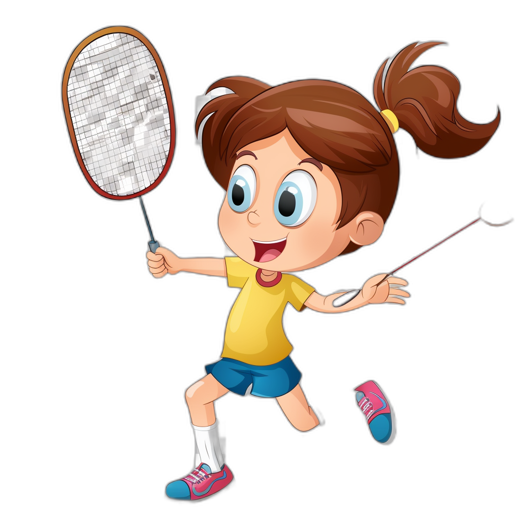 a cute little girl playing badminton, vector illustration style, simple lines, flat colors, black background, cartoon character design, 2D game art, Disney Pixar style, high resolution, high detail, high quality, high definition, high resolution, high details, high contrast, bright color scheme, bright light, white and yellow tones, full body shot, high resolution, high details, high sharpness, high focus, fullbody portrait. A little brown hair with two ponytails, holding the racket in her hand, running forward to hit the ball.