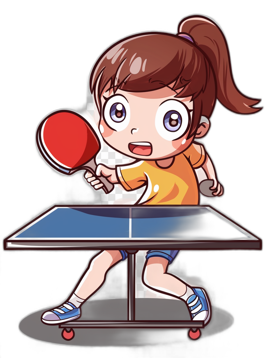 A girl playing table tennis, cartoon style, vector graphics, black background, sticker design, cute and funny character design, cute expression on face, brown hair in ponytail with bangs, blue shorts under orange Tshirt, red racquet in hand about to hit ball over the net, cartoon table made of glass with dark gray base at bottom edge of picture, white space around edges, high resolution, bright colors.