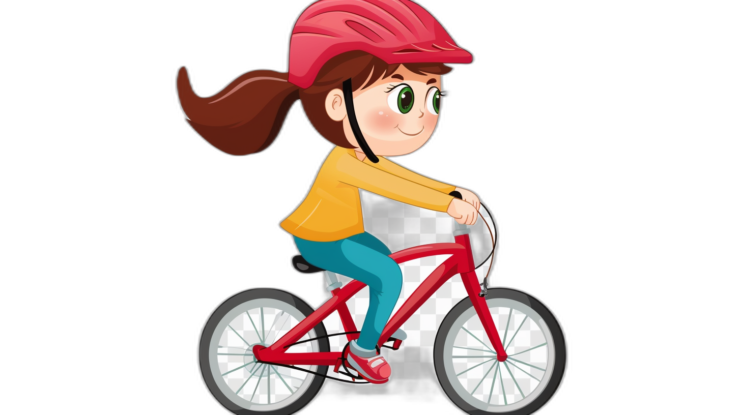 A cute girl is riding her bike, cartoon style, simple lines, vector graphics, black background, flat design, simple details, high resolution, high quality, high detail, bright colors, white and red color scheme, no shadows. She wears helmet on head with green eyes and yellow shirt, blue pants and pink shoes, red bicycle frame.