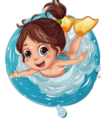 A little girl with brown hair is swimming in the water, wearing an inflatable yellow ring and smiling happily, sticker style cartoon character design with black background.