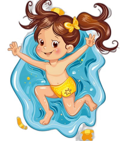 Cute little girl swimming, cartoon style vector illustration with black background and blue water ripples, yellow swim shorts with star decoration on the side of her waistband, brown hair in pigtails floating above head, big smile expression, full body shot, arms outstretched, legs up to float