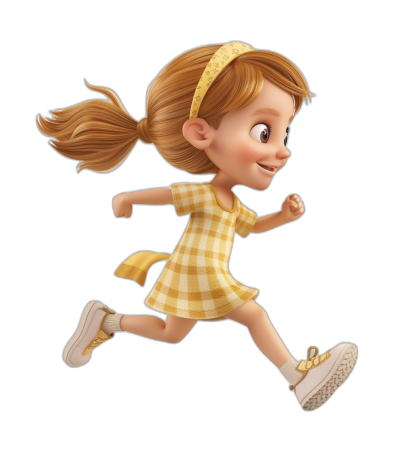 A young girl with light brown hair in pigtails, wearing a yellow and white checkered dress and sneakers, is running in the style of Pixar's simple style. She is shown from the side, full body, on a black background. This character design could be used for illustrations in a children's book, drawn in a 3D cartoon style.