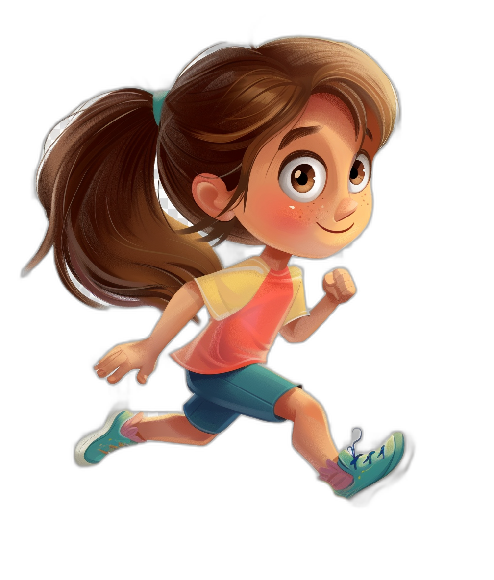 A cute girl is running with a simple background in the cartoon style suitable for character design in children’s book illustrations, in the style of Disney Pixar with a full body portrait against a black background as high resolution 2D digital art.