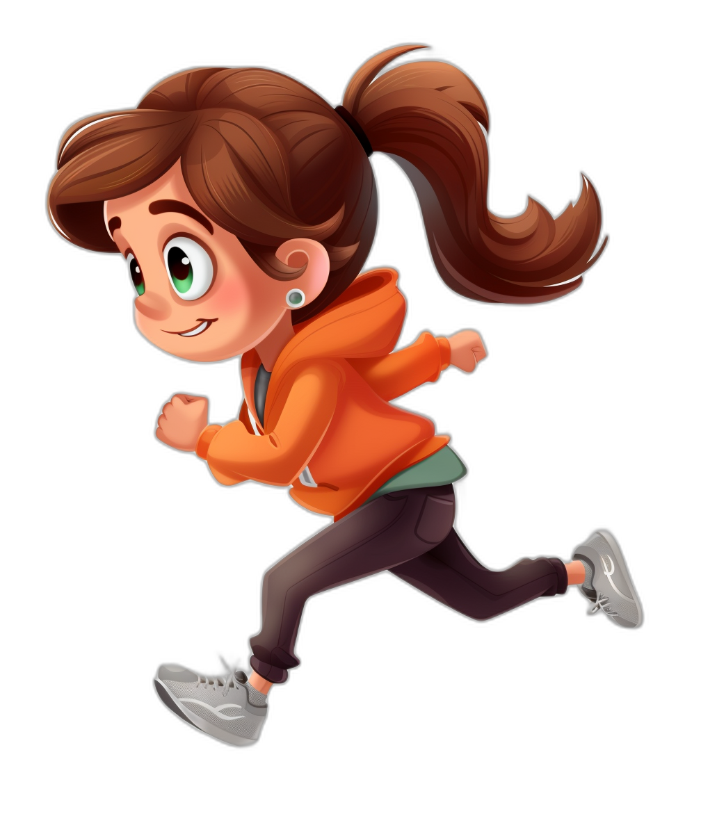 A cute girl is running in the style of cartoon style with a black background and cartoon character design reminiscent of Disney Pixar animation. She has brown hair in a ponytail and green eyes, wearing an orange hoodie and dark gray pants with white shoes. The image shows her full body in high resolution.