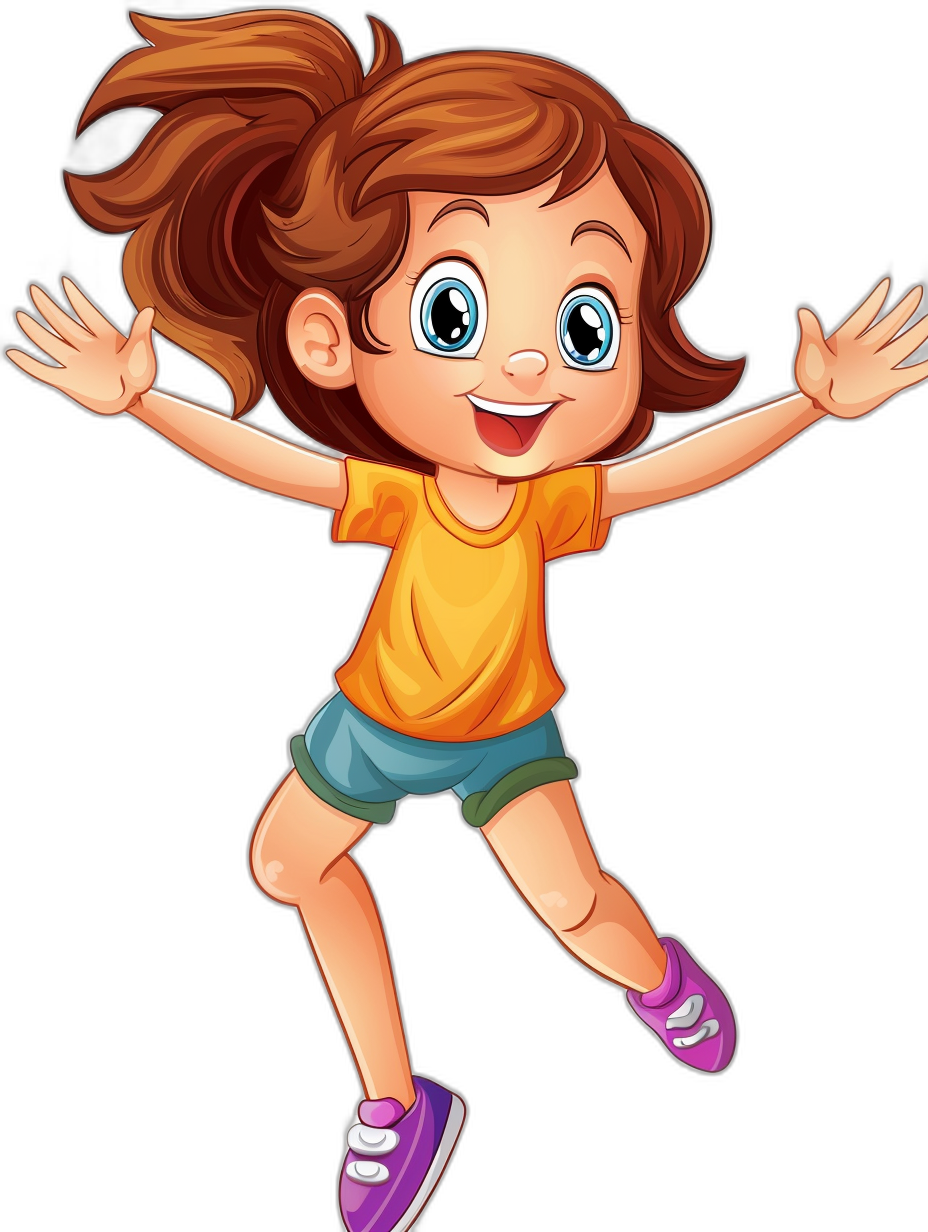 cartoon illustration of happy girl jumping, clip art style isolated on black background