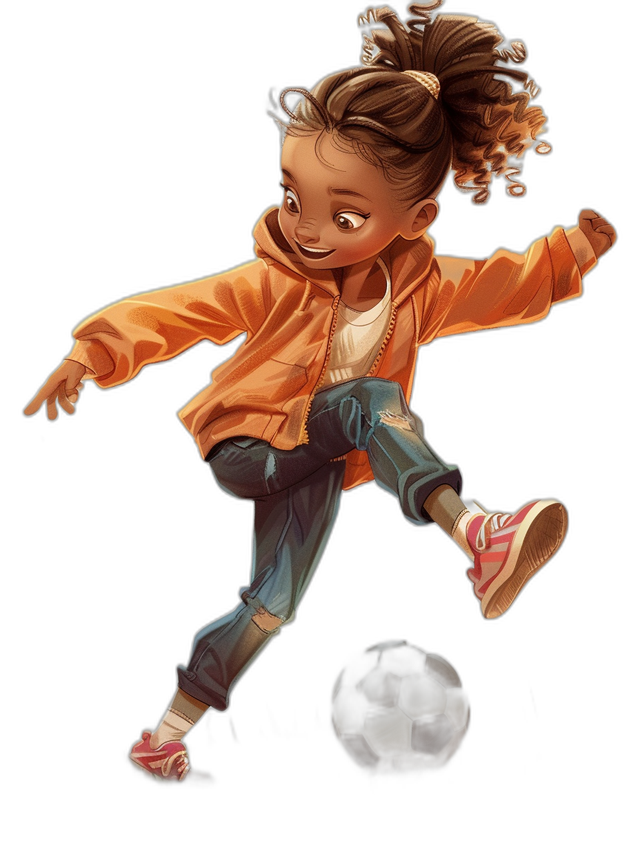 A cute little girl, Pixar style cartoon character with brown skin and hair in pigtails wearing an orange jacket over jeans and pink shoes, kicks the ball while playing soccer on a black background. The full body illustration features detailed face features, , hands, and feet in a high resolution, high quality, high detail digital art style. The digital painting uses high contrast, high saturation, cinematic lighting and is in the style of Pixar.