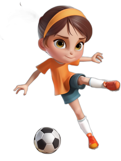 Cartoon illustrative style, a cute little girl character playing soccer with brown hair and an orange t-shirt, white socks and blue shorts on a black background, character sheet design, full body pose with one leg up in the air kicking a ball, in the style of Pixar Disney, 3D rendering, high resolution, high details, high quality, high realism, cinematic lighting, soft shadows, clean sharp focus, professional color grading, depth of field.