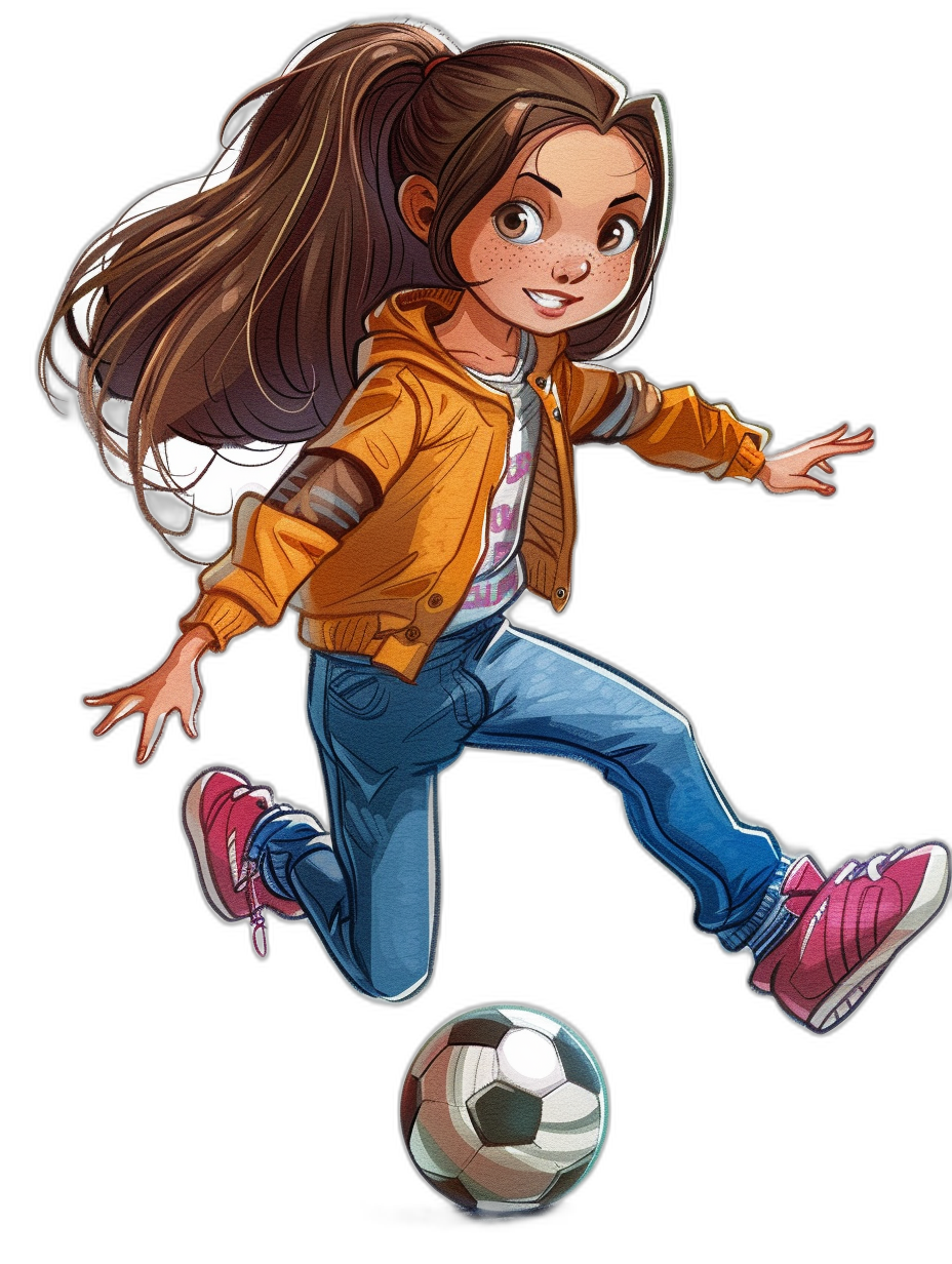 An illustration of a young girl with long brown hair in a ponytail, wearing blue jeans and pink shoes kicking a soccer ball in the style of a cartoon, on a black background, as a full body portrait, with a brown jacket, white shirt, freckles on her face, a happy expression, in a cute pose, of high quality, as a 3D render, with colorful and bright colors, with detailed , detailed facial features, and detailed hands, as a full-length portrait from a low angle view in a wide shot.