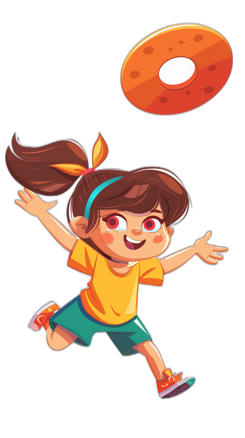 A cartoon-style girl character playing frisbee, designed in the vibrant and playful style of Dora from Cartoon Studios, against a black background. She is depicted with exaggerated features typical for animated characters, wearing bright colors like an orange shirt and green shorts. Her hair is tied back into pigtails, adding to her cheerful demeanor as she chases after an energetic brown flying frisbee. A simple yet lively depiction of children’s play, perfect for animation or video game art.