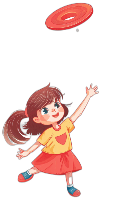 A cute little girl is playing frisbee in a simple cartoon style with a solid black background and simple details, lines, and colors in a vector illustration. She has brown hair and wears a red skirt with a yellow shirt. The note of the flying disc hangs on her chest. Her eyes sparkle as she throws it towards the viewer, in the style of Fr.