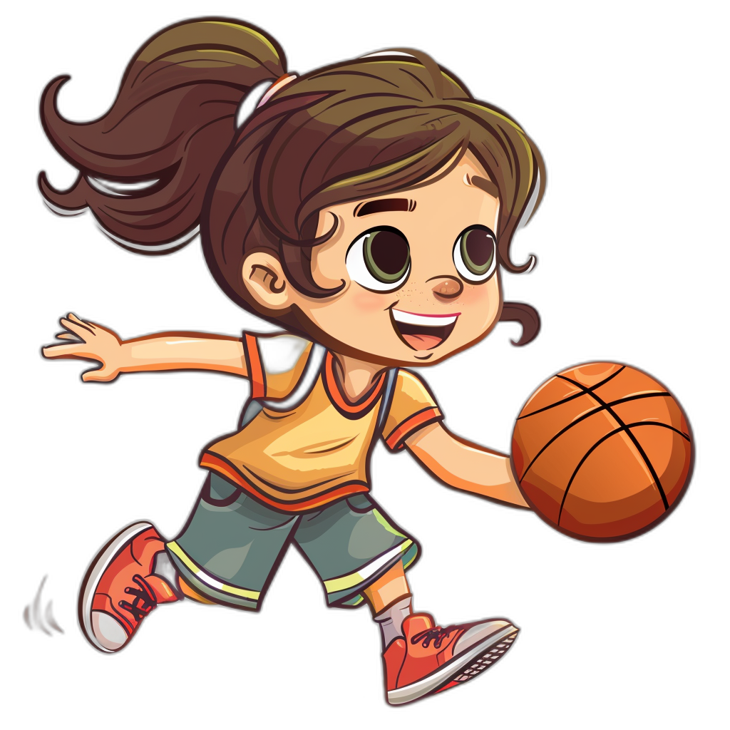 A cute little girl basketball player cartoon vector illustration on a black background, wearing an orange and yellow shirt with green shorts and red shoes, playing the game, smiling, holding a brown basketball in her hand, big eyes, happy face, in a running pose. Cartoon character design, in a cute style, colorful, with simple lines, 2D flat design, high resolution, with professional lighting, isolated on a white background.