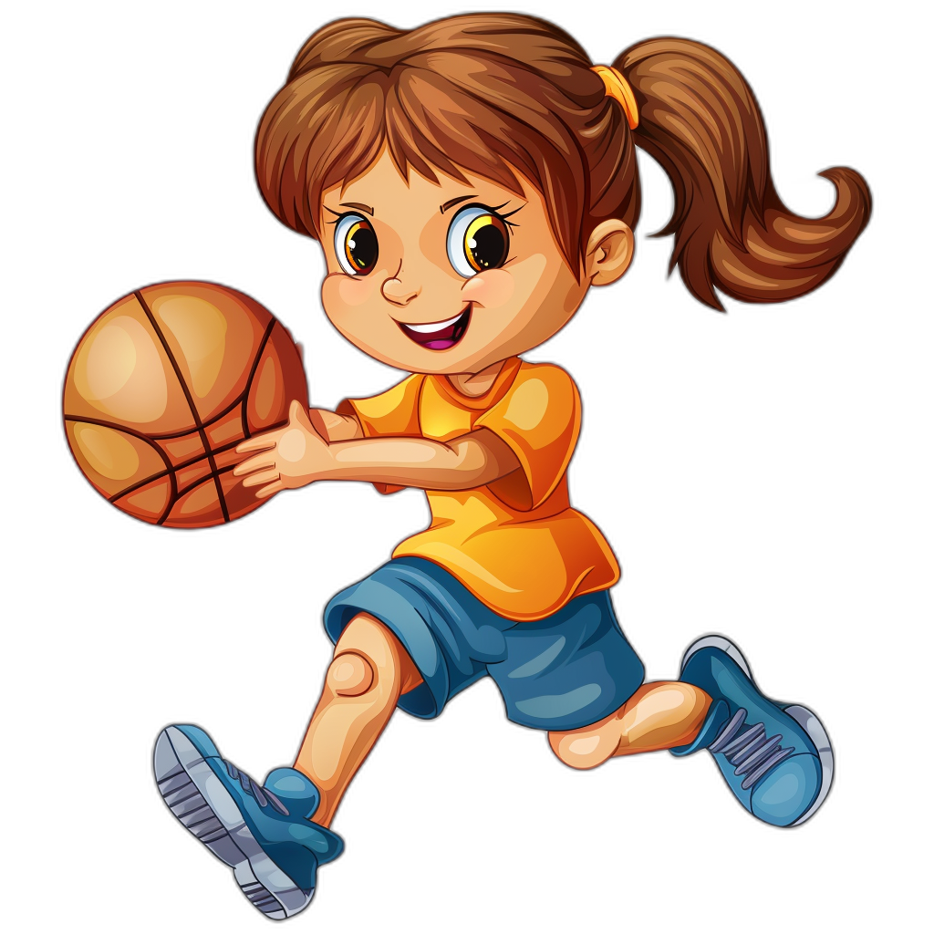 A cartoon girl playing basketball, vector illustration with black background. She is wearing an orange shirt and blue shorts. The ball in her hand has brown hair tied into pigtails. Her shoes have white laces that match the colors of his . In one foot she wears sneakers with light gray soles. He looks happy while running towards us with determination on his face. It’s a simple yet colorful depiction of him enjoying his sport.” Isolated vector style image isolated on dark grey solid color background.