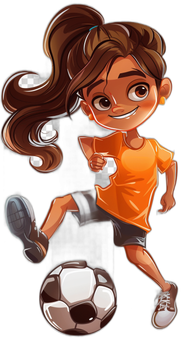 cartoon style, happy brown girl playing soccer with a black background, wearing an orange t-shirt and dark grey shorts, white shoes, long hair in a ponytail.