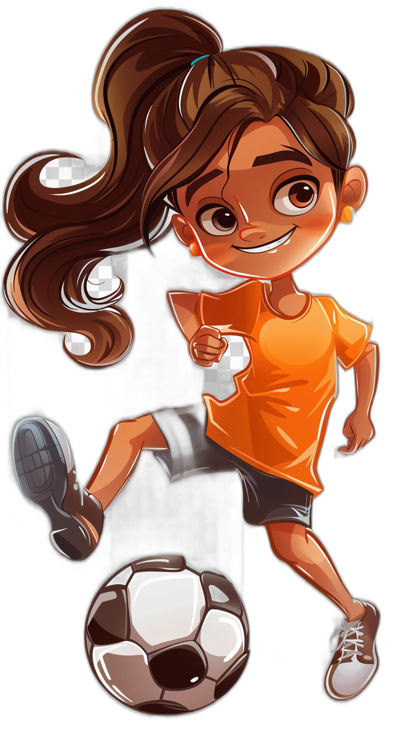 cartoon style, happy brown girl playing soccer with a black background, wearing an orange t-shirt and dark grey shorts, white shoes, long hair in a ponytail.