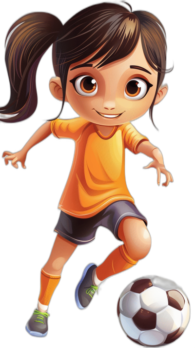 Cartoon style, Asian girl playing football, wearing an orange t-shirt and black shorts with brown hair in pigtails. She is kicking the ball against a black background.