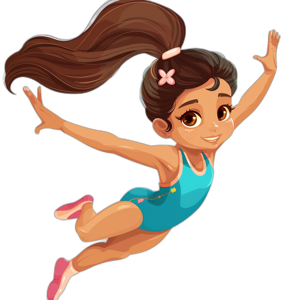 A cartoon brunette girl with brown eyes and long hair in a ponytail, wearing blue and pink athletic , is flying through the air on a black background in the style of Pixar.