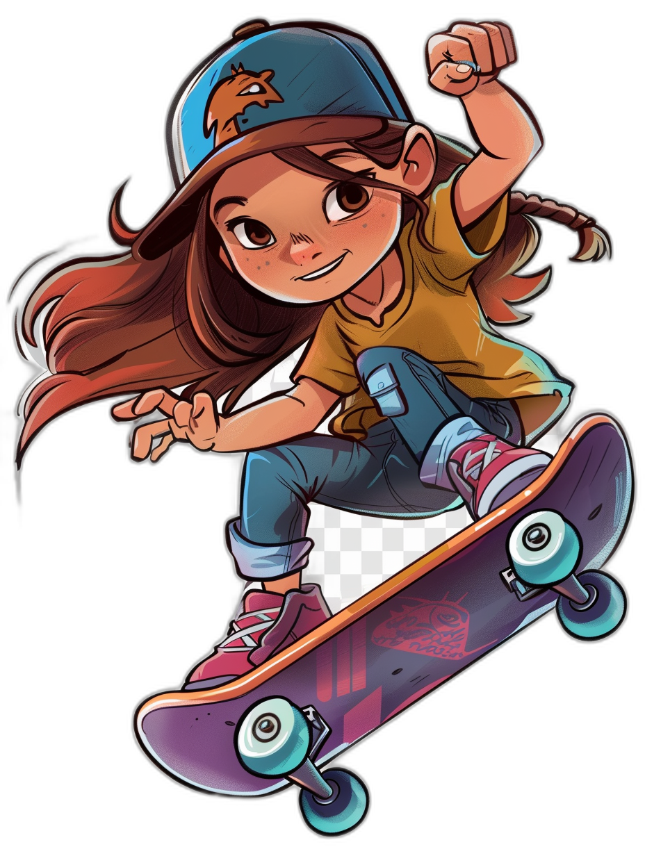 A cartoonstyle girl with brown hair wearing jeans, sneakers, and a cap on her head is riding a skateboard. She has two braids. Vector graphics sticker design on an isolated black background. In the style of chibi anime. She looks happy while skateboarding. The colors should be vibrant and bright, including shades of blue for  and purple for the skateboard. Her expression shows excitement or joy about skateboarding. T-shirt print template vector illustration isolated on a white background.