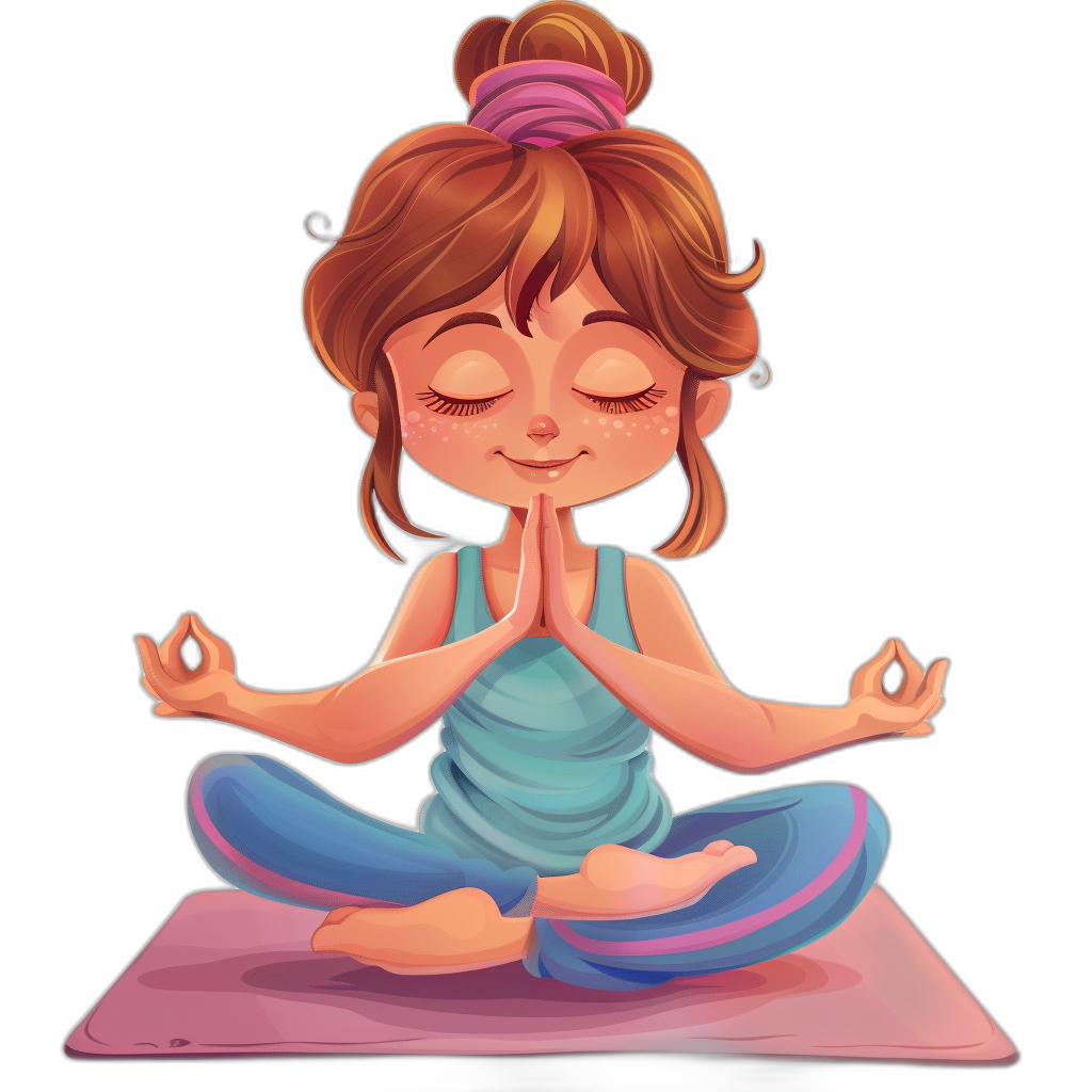 A cute little girl doing yoga in a cartoon style with a simple design and flat colors on a black background. It is a full body shot from the front view of the girl wearing blue and pink with a red hair bun on her head and her eyes closed. Her hands are in a prayer position as she sits in a crosslegged meditation pose. A purple mat is under her feet and she has a smiling expression. The drawing uses simple lines with cute details.