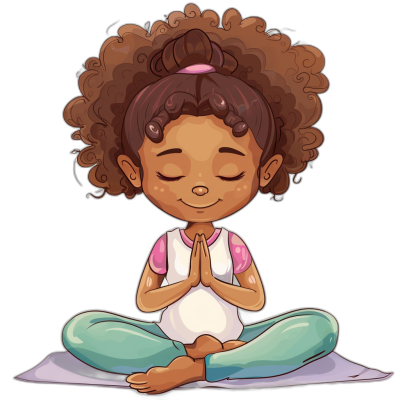 Cute cartoon illustration of an African American girl with curly hair doing yoga, sitting crosslegged on the floor in lotus position and meditating with her hands folded together at chest level, clipart style isolated black background