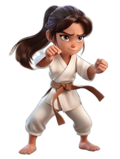 3D cartoon Disney character design of a karate girl with brown hair in a white robe and belt in a fighting pose against a black background, in the style of Pixar art.