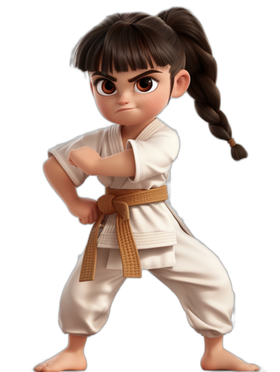 A little girl with dark brown hair in pigtails, wearing white karate robes and doing martial arts poses. She has big eyes and is very cute. Her belt around her waist is golden yellow. The background of the scene should be black to highlight the character. In the style of Pixar. In the style of Disney cartoon. Full body portrait. High resolution. High quality.