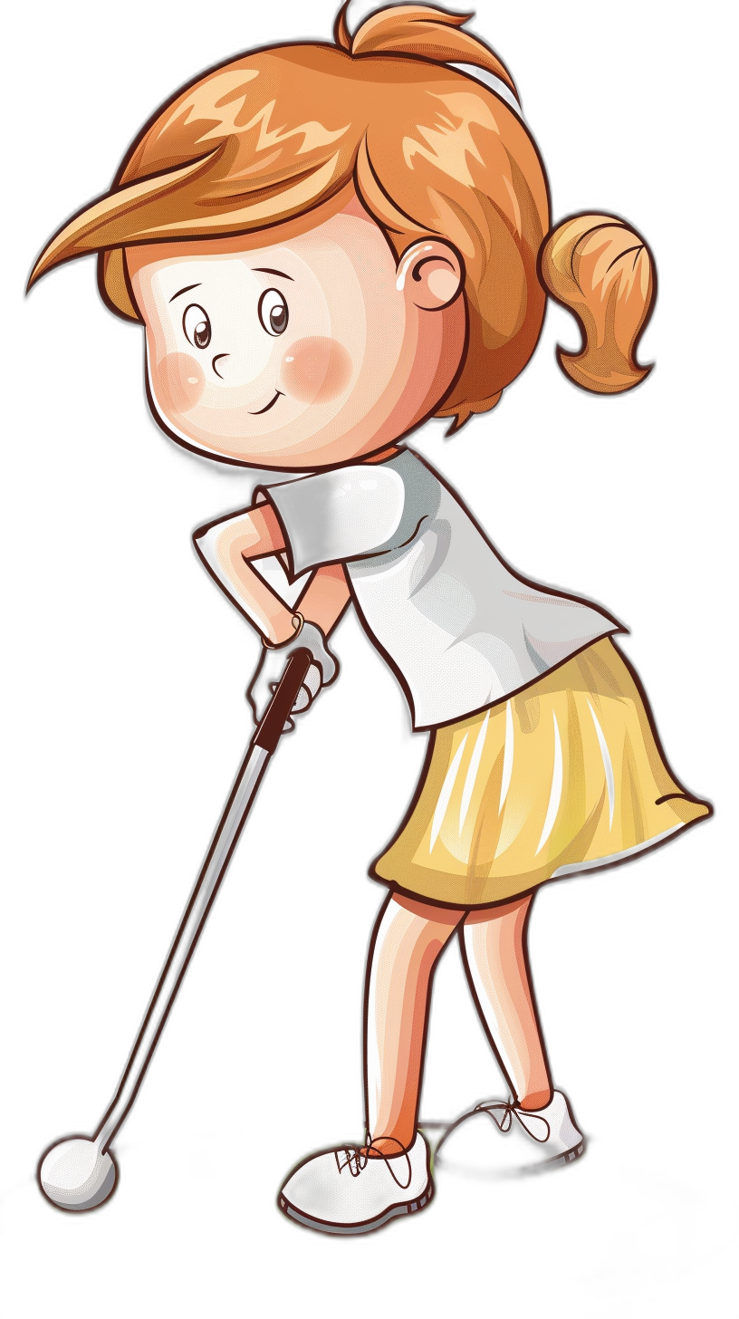 A cute cartoon girl playing golf in the style of clip art, in the style of isolated on a black background.