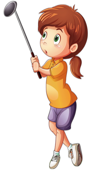 A cute little girl playing golf, cartoon style, simple lines, vector illustration, black background, no shadows on the body, fulllength portrait, brown hair and green eyes, wearing an orange shirt with purple shorts underneath, holding up her club ready to hit the ball, white shoes on feet, high quality,